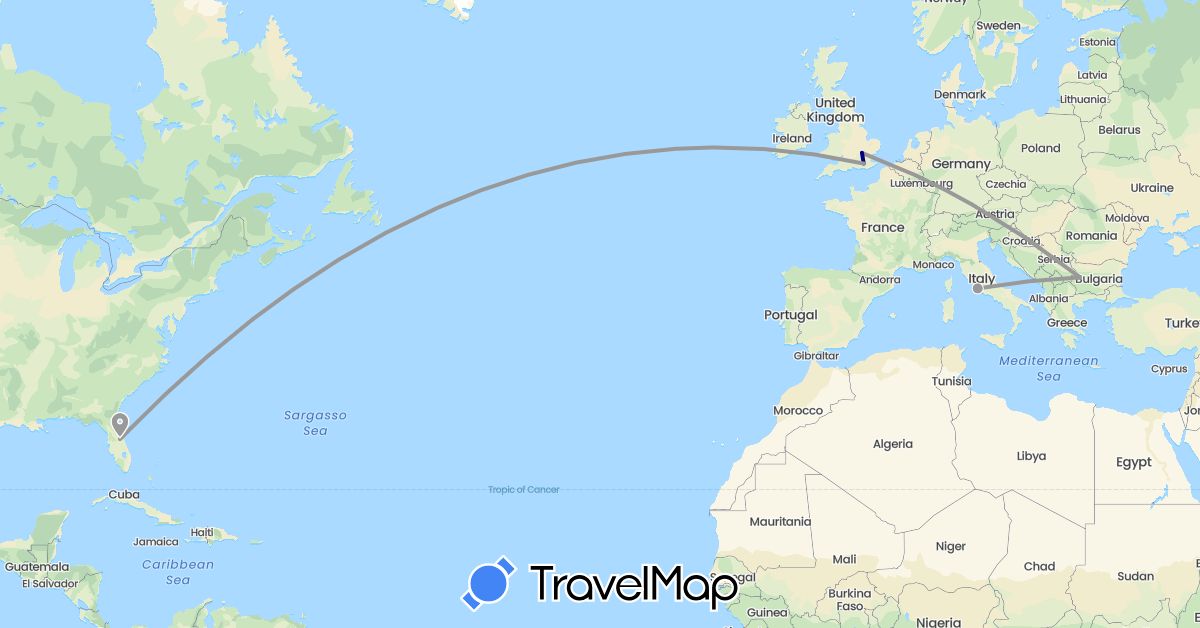 TravelMap itinerary: driving, plane in Bulgaria, United Kingdom, Italy, United States (Europe, North America)